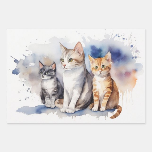 Feuille De Papier Cadeau Chats aquarelle avec Arrière - plan pastel doux (Devant)