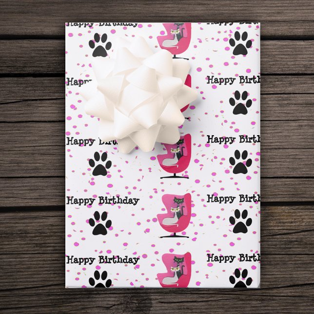 Feuille De Papier Cadeau Chats atomiques Anniversaire Chaise rose Empreinte (Atomic black white cats in pink chair black cat paw prints on white pink dotted Birthday gift wrap.)