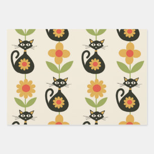 Feuille De Papier Cadeau Chats atomiques de milieu de siècle avec des fleur