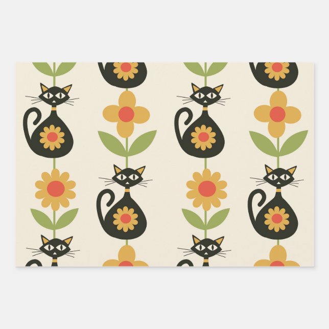 Feuille De Papier Cadeau Chats atomiques de milieu de siècle avec des fleur (Devant)