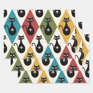 Feuille De Papier Cadeau Chats atomiques du milieu du siècle sur les diaman