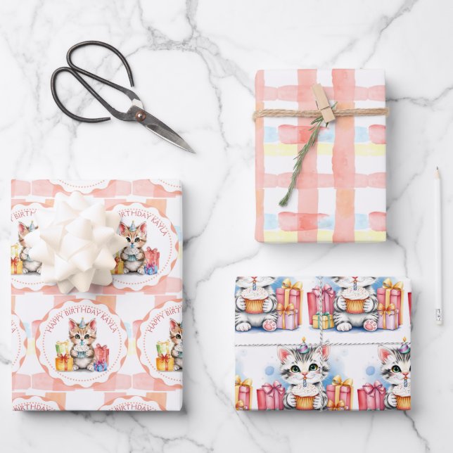 Feuille De Papier Cadeau Chats d'anniversaire personnalisés (Recto)