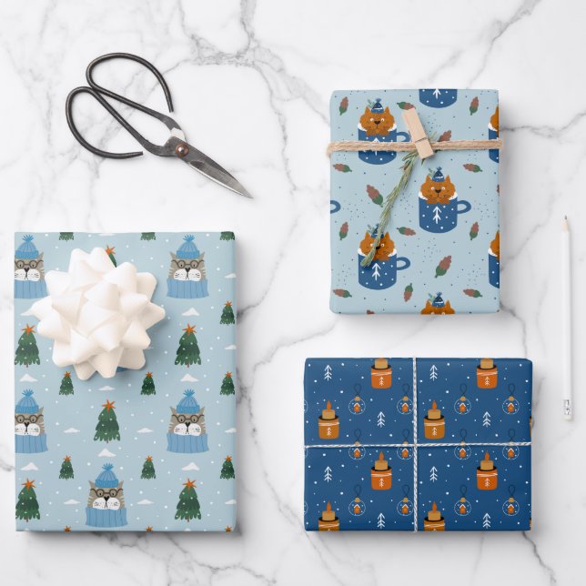Feuille De Papier Cadeau Chats de Noël mignons en Knits d'hiver bleu (Recto)