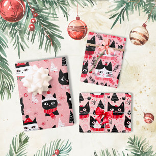 Feuille De Papier Cadeau Chats de Noël rétro amusants en rose