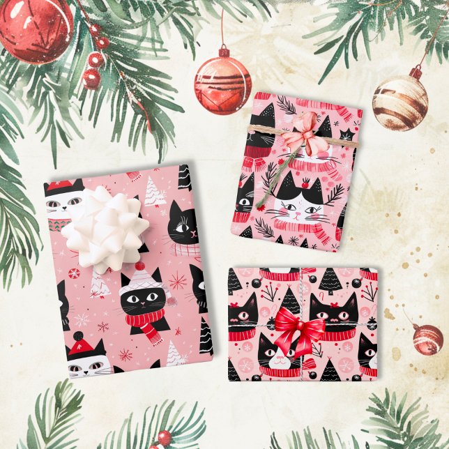 Feuille De Papier Cadeau Chats de Noël rétro amusants en rose (Fun Retro Christmas Cats on Pink wrapping paper sheets)