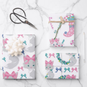 Feuille De Papier Cadeau Chats de Noël roses mignons