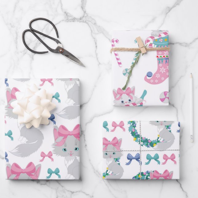 Feuille De Papier Cadeau Chats de Noël roses mignons (Recto)