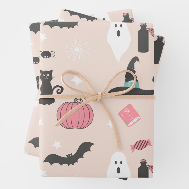 Feuille De Papier Cadeau Chats d'Halloween, Citrouilles et chauves-souris (En situation)