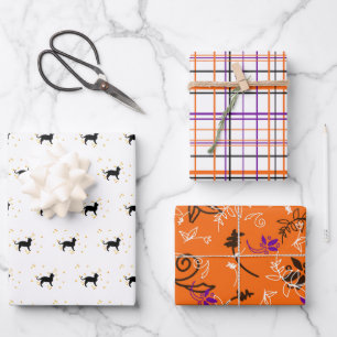 Feuille De Papier Cadeau Chats d'Halloween, Plaids et Fleurs
