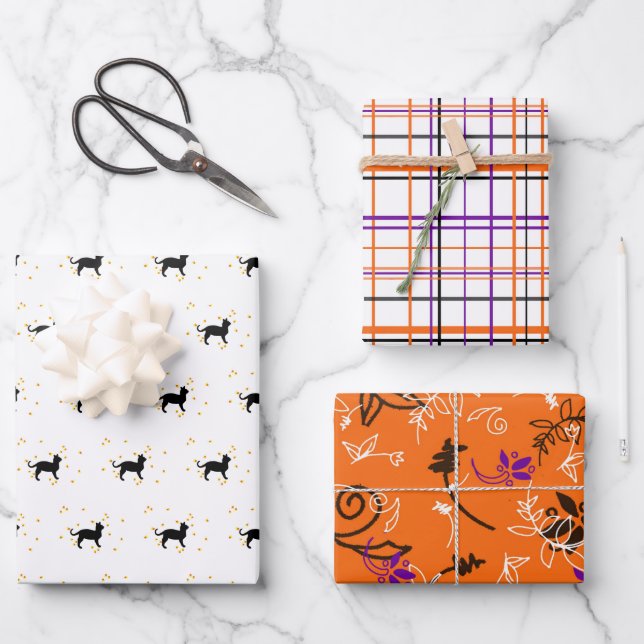 Feuille De Papier Cadeau Chats d'Halloween, Plaids et Fleurs (Recto)