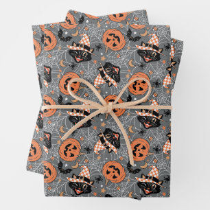Feuille De Papier Cadeau Chats d'Halloween vintages et Motifs Citrouille