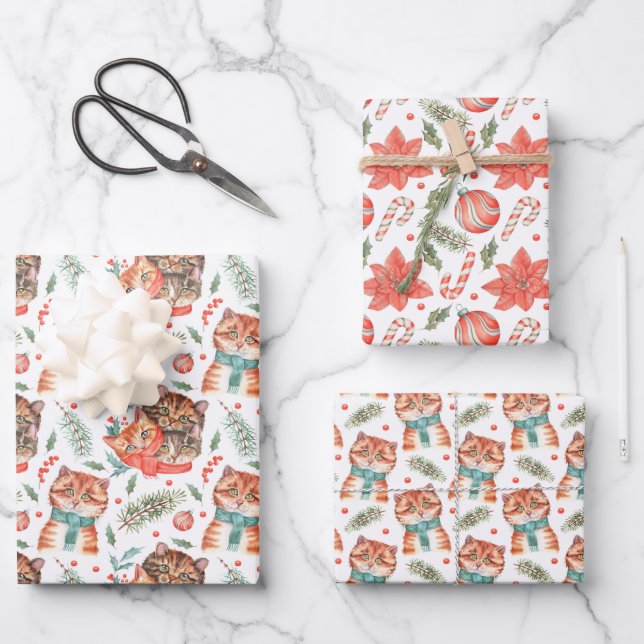 Feuille De Papier Cadeau Chats d'hiver en aquarelle de Noël (Recto)