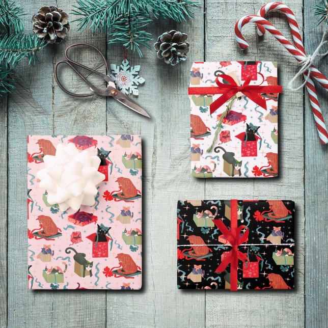 Feuille De Papier Cadeau Chats Drôle Dans Les Boîtes De Noël (Sample the fun cats play in Christmas boxes in this trio. All patterns available in full rolls too.)