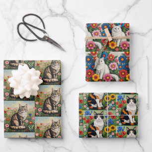 Feuille De Papier Cadeau Chats fantaisistes mignons et fleurs d'art folklor
