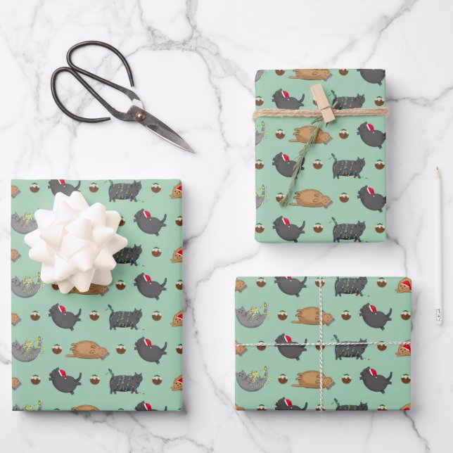 Feuille De Papier Cadeau Chats gras et poudings de Noël (Recto)