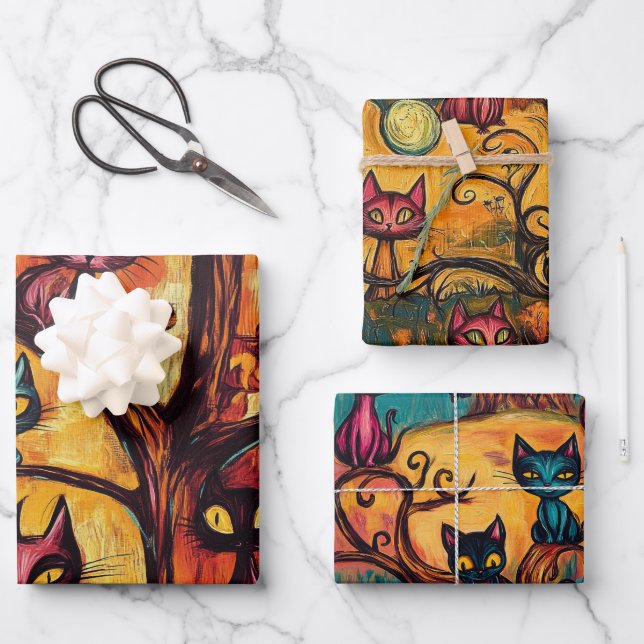 Feuille De Papier Cadeau Chats Halloween modernes (Recto)