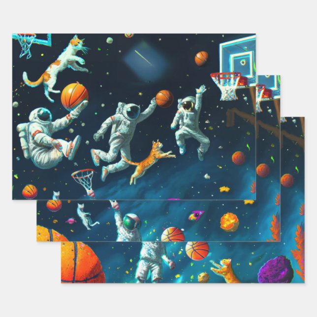 Feuille De Papier Cadeau Chats jouant au basket-ball dans l'espace avec des (Lot)