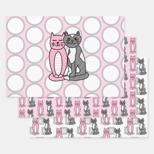 Feuille De Papier Cadeau Chats Kitty Roses et Grey Cute Cute (Lot)