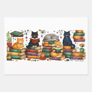 Feuille De Papier Cadeau Chats lisant des livres, scène de bibliothèque cos
