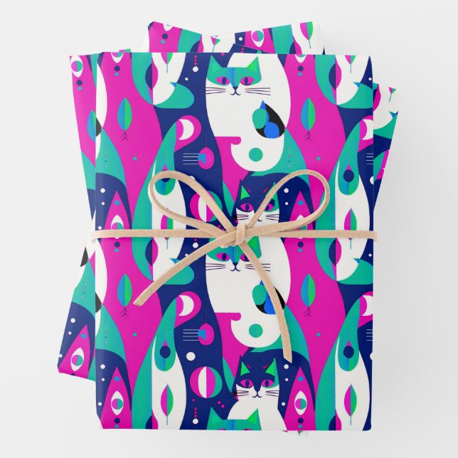 Feuille De Papier Cadeau Chats modernes du milieu du siècle sur un Arrière  (En situation)