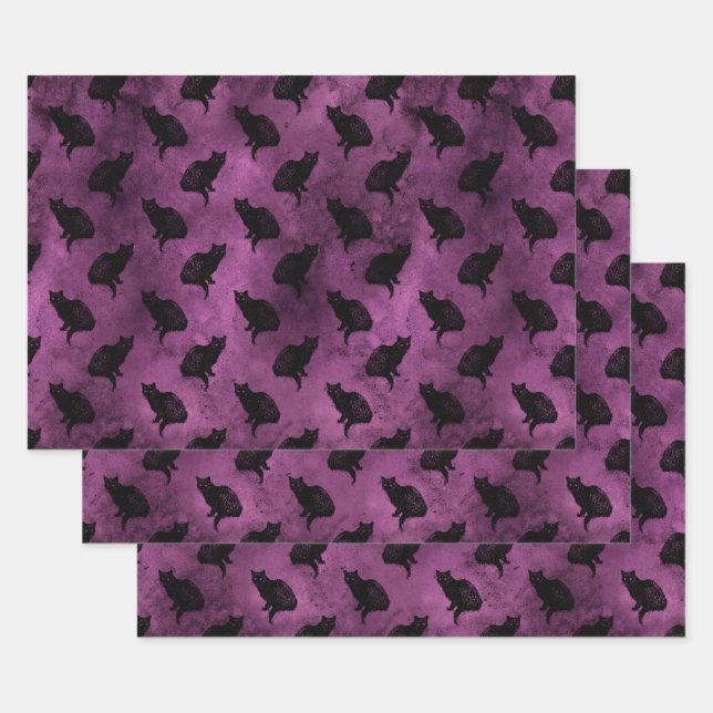 Feuille De Papier Cadeau Chats noirs sur violet (Lot)