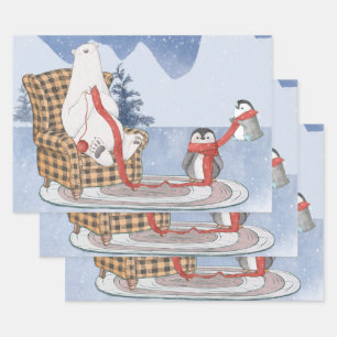 Feuille De Papier Cadeau Chaud hiver Warm Ours Polaire Tricot Écharpe rouge