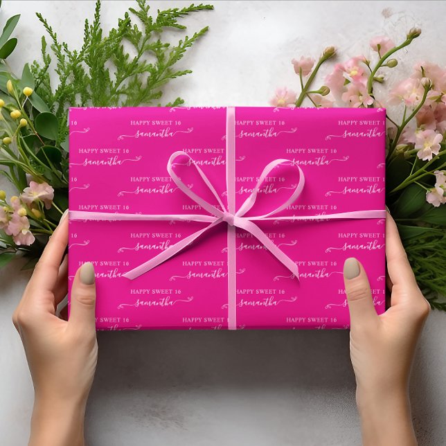 Feuille De Papier Cadeau Chaud rose et blanc Joyeux sucré 16 mignon Nom du  (Hot Pink and White Happy Sweet 16 Cute Bow Name Wrapping Paper Sheets)