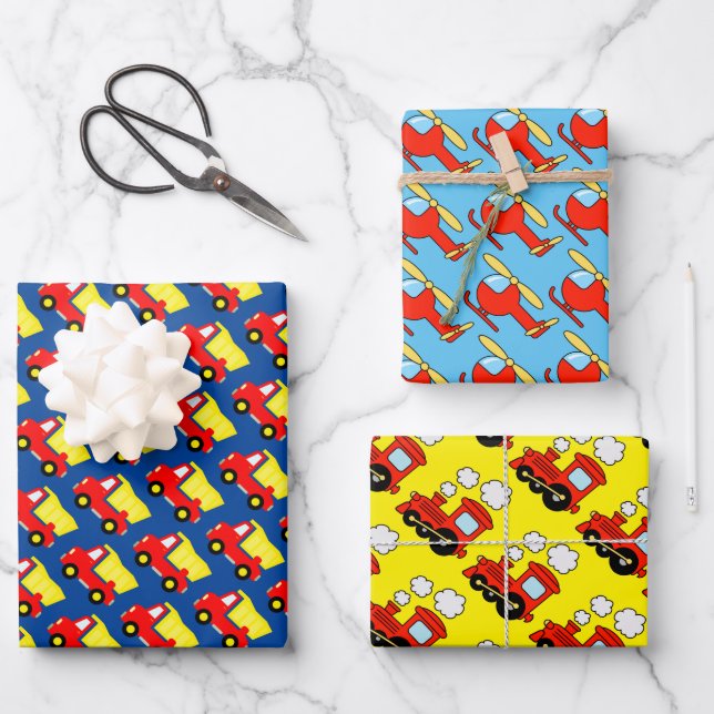 Feuille De Papier Cadeau Chauffage d'anniversaire pour enfant, camion et tr (Recto)