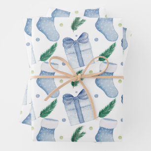 Feuille De Papier Cadeau Chaussettes de Noël et cadeaux Bleu à l'aquarelle