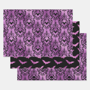 Feuille De Papier Cadeau Chauve-souris violet violet et crâne damassé Hallo