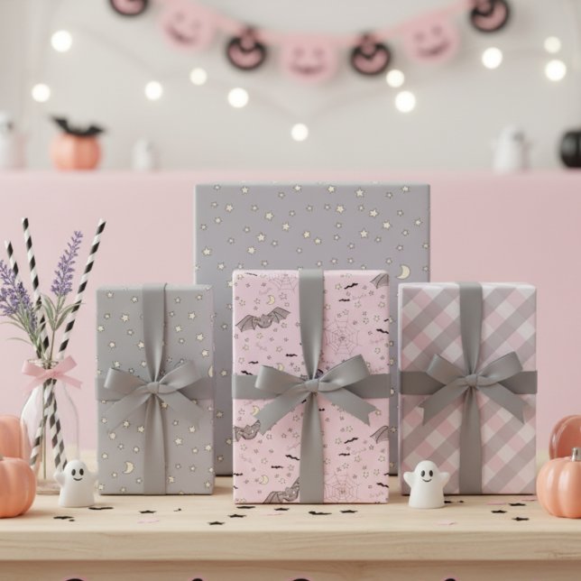 Feuille De Papier Cadeau Chauves-souris d'Halloween, étoiles et En vichy en (Cute Bats Halloween Kids Gift Wrap for Baby Girl. Baby Bats, Stars, Pink and Gray Gingham Pattern )