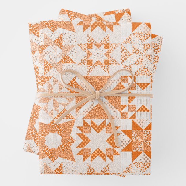 Feuille De Papier Cadeau Cheater Traditionnel Patchwork Stars Quilt Orange (En situation)
