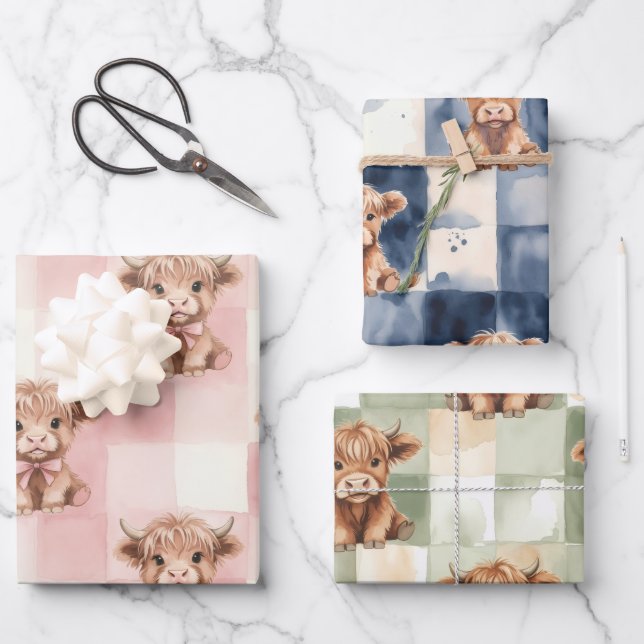 Feuille De Papier Cadeau Checkered Highland Cow pink green blue Gift Wrap (Recto)
