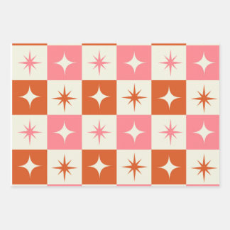 Feuille De Papier Cadeau Checkered Mid Century Atomic Stars Pink Orange 