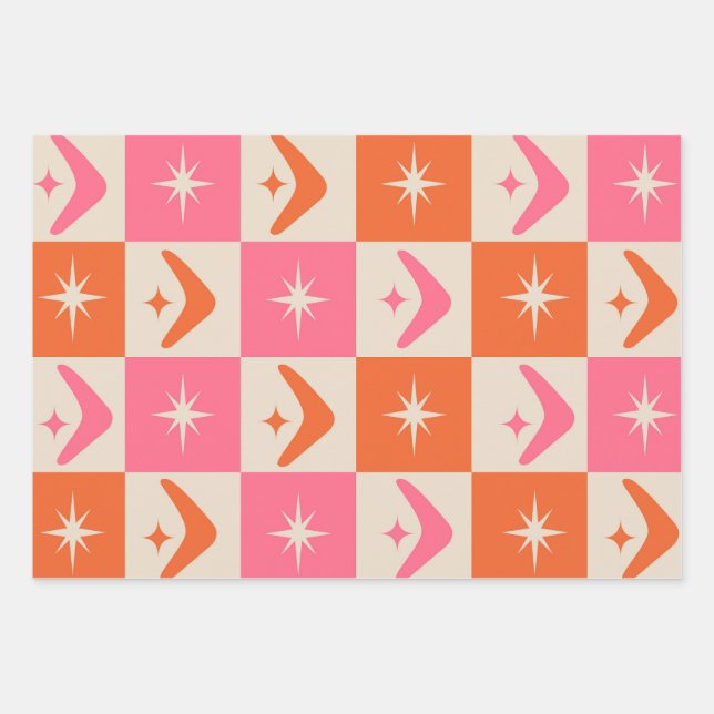 Feuille De Papier Cadeau Checkered Mid Century Boomerangs pink and orange  (Devant)