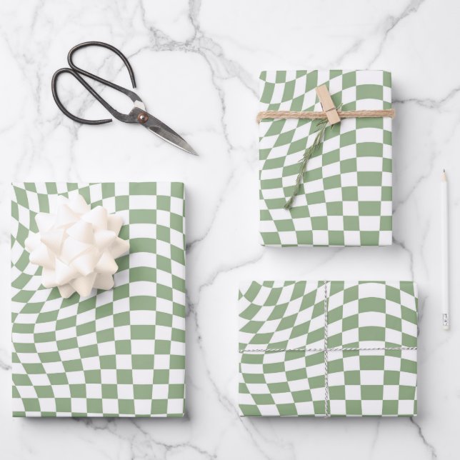 Feuille De Papier Cadeau Chèques blancs en vert gris de Sage rétro À damier (Recto)