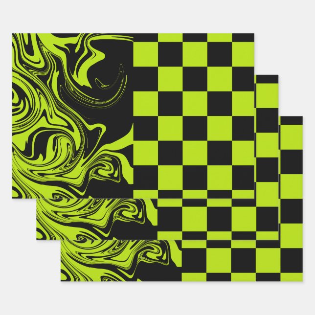 Feuille De Papier Cadeau Chèques et permules - Lime vert et noir (Lot)