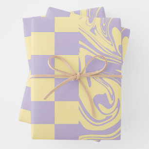 Feuille De Papier Cadeau Chèques et tourbillons - Pastel Jaune et Violet