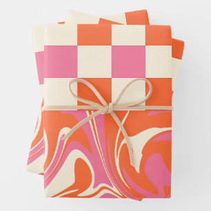 Feuille De Papier Cadeau Chèques et tourbillons - rose, orange et crème