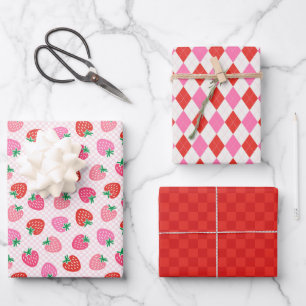 Feuille De Papier Cadeau Chèques fraises et Jacquard Noël rose rouge