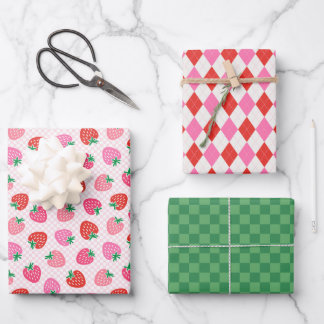 Feuille De Papier Cadeau Chèques fraises et Jacquard Noël Rose Vert