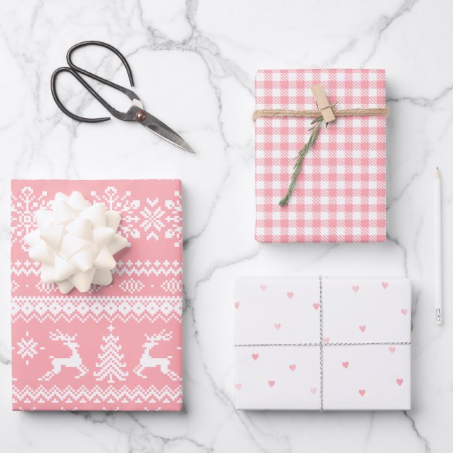 Feuille De Papier Cadeau Cher de Noël rose et moche buffle plaid coeurs (Recto)
