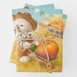 Feuille De Papier Cadeau Cher fermier chien avec Citrouille