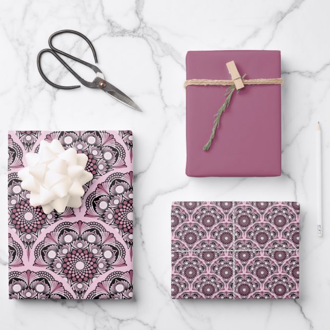 Feuille De Papier Cadeau Cherry Blossom Dusky Rose Dot Mandala Art Déco (Recto)