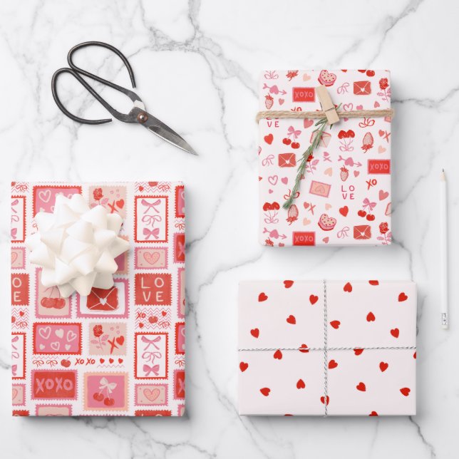 Feuille De Papier Cadeau Cherry Love Letters Valentines Hearts Bows (Recto)