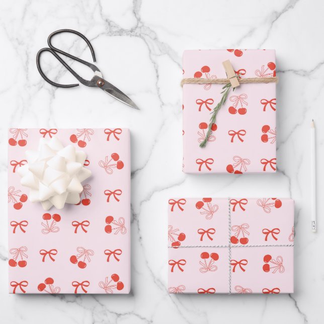 Feuille De Papier Cadeau Cherry Red Coquette Bow Girly Wrapping Paper Set (Recto)