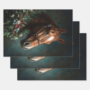 Feuille De Papier Cadeau Cheval avec couronne de fête et ruban rouge