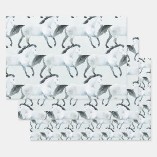 Feuille De Papier Cadeau Cheval Blanc Neigeux Bleu Hiver