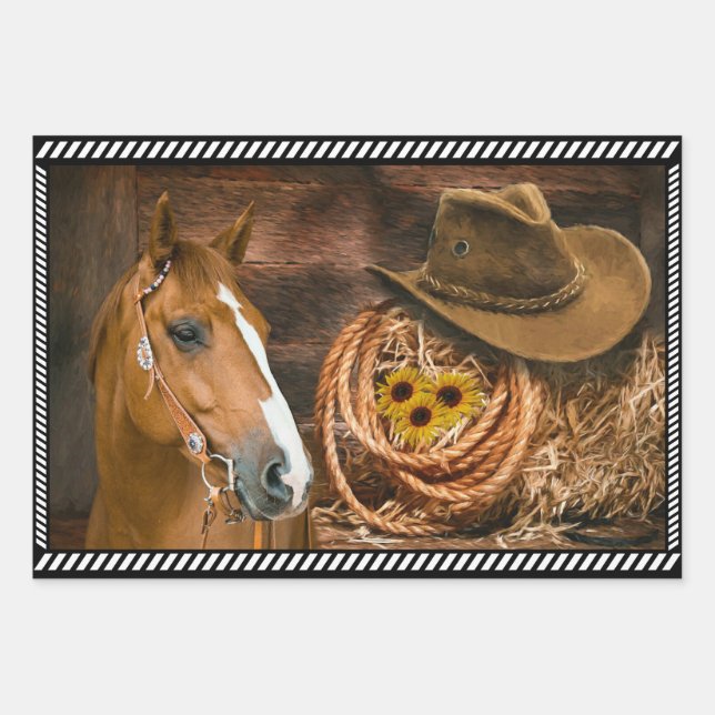 Feuille De Papier Cadeau Cheval Cowboy Casquette Lasso Western Motif  (Devant)