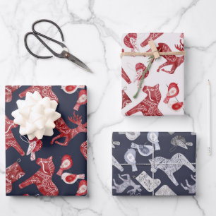 Feuille De Papier Cadeau Cheval Dala Nordique Élan Rouge Bleu Noël